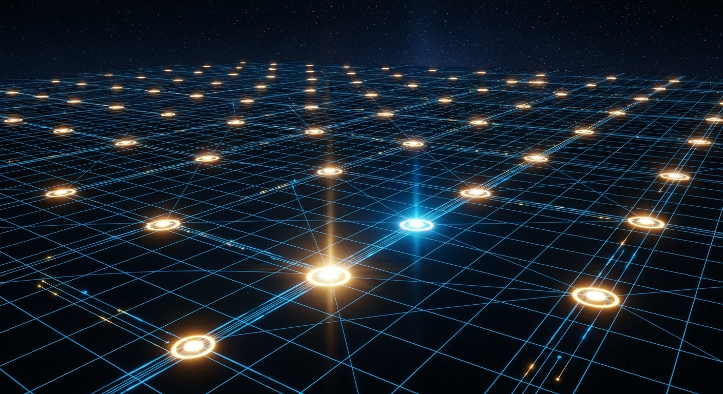 Kosmisches Datennetz mit goldenen Knoten – KI-Infrastruktur