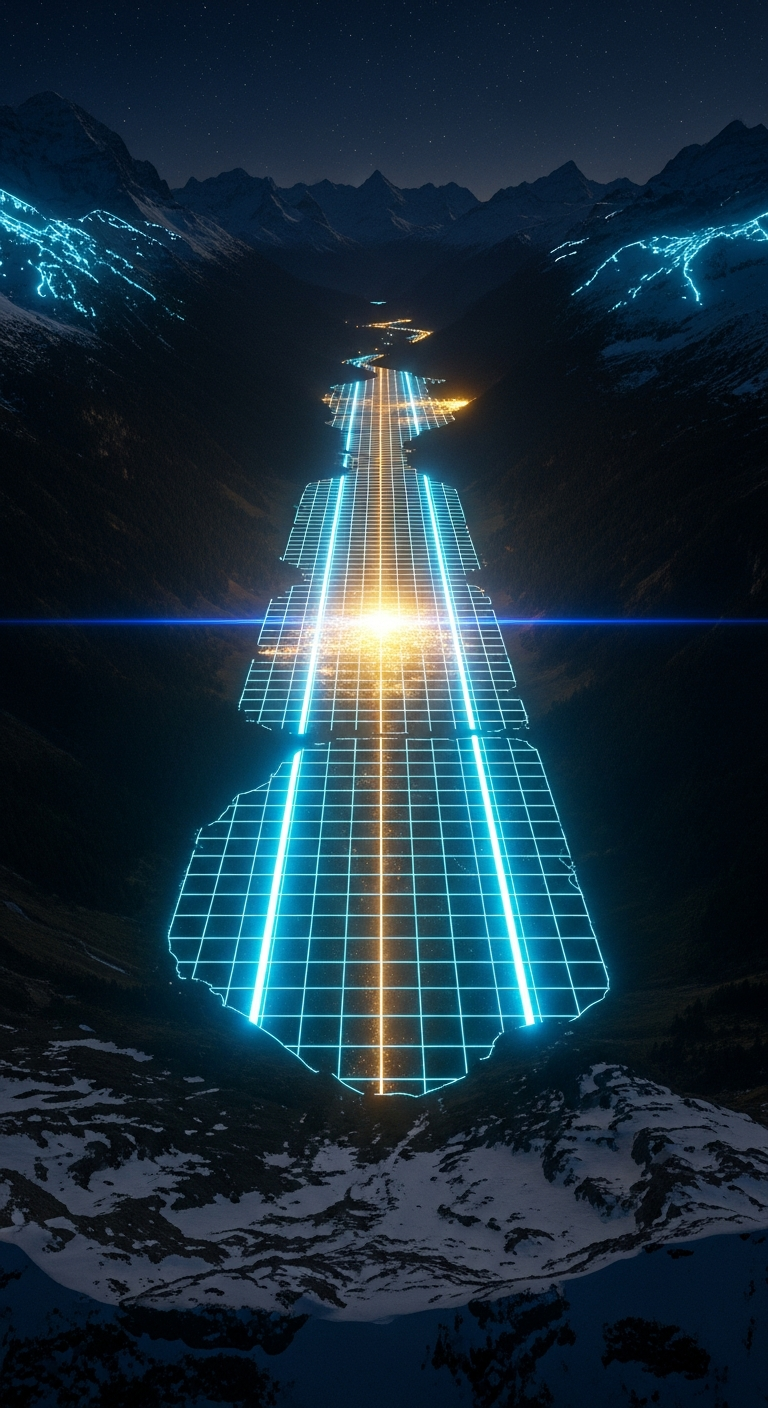 Schweizer Alpen mit KI-Gitter – Compliance und Regulierung